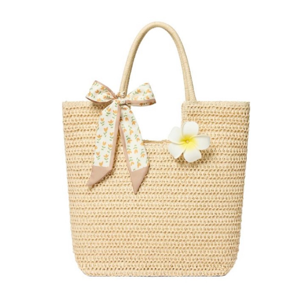 Elegant Tan Woven Straw Tote Bag with Detachable Scarf and Flower